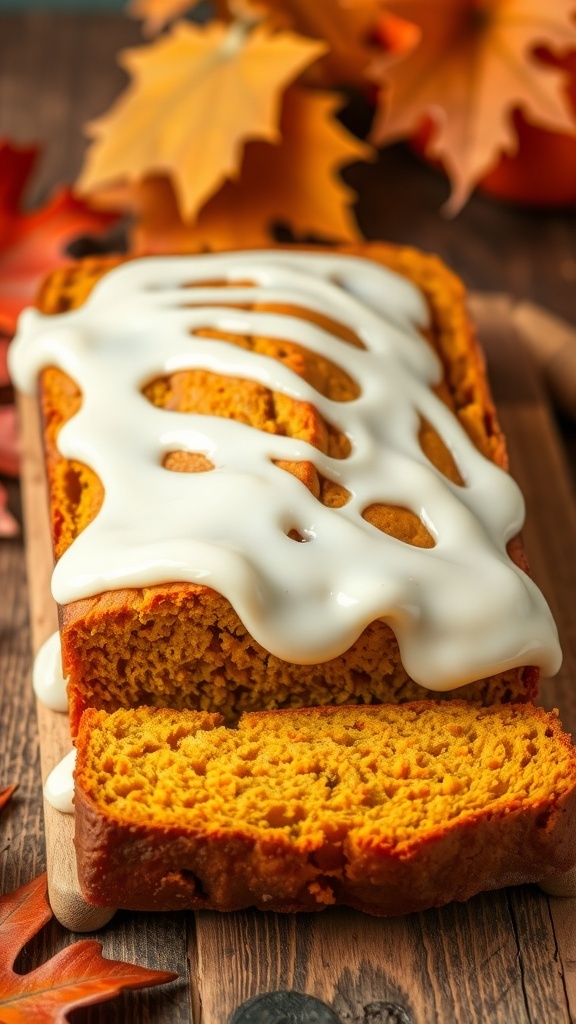 Pumpkin Bread with Cream Cheese Icing Recipe Sliced pumpkin bread with cream cheese icing on a wooden table with autumn leaves.